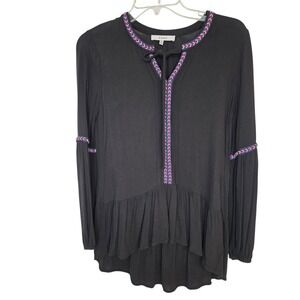RO DE Anthropologie Black Embroidered Tie Neck Peplum Tunic Top Women's XS
